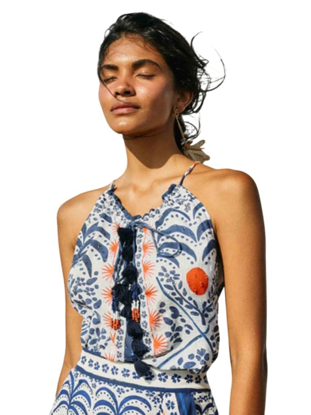 Farm Rio Afternoon Breeze Tank top size M medium Tassel print Blouse halter